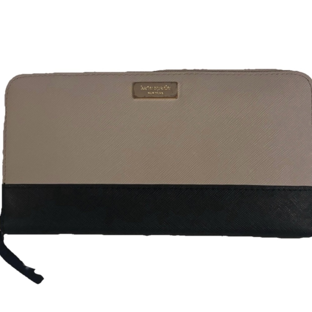 Kate Spade New York Wallet Clutch Leather Taupe Black Many Compartments